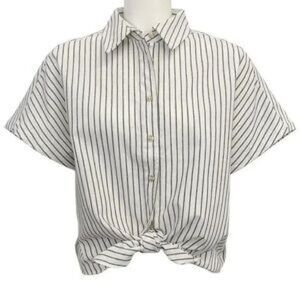 Navy Linen Stripe Tie Bottom Blouse